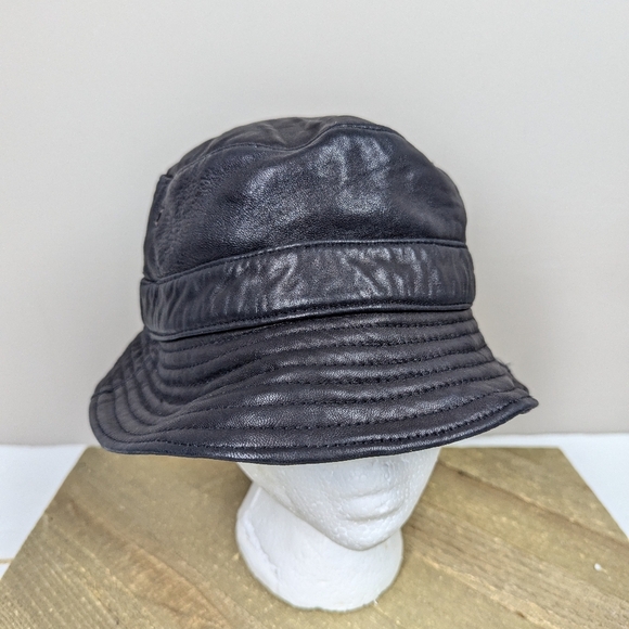 Vintage black leather bucket hat size 23.5  90s - Picture 2 of 9